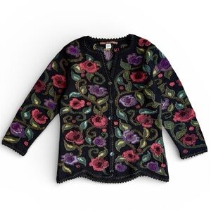 Peruvian Connection Pima Cotton Knit Cardigan Floral Button Up Size XS Artisan
